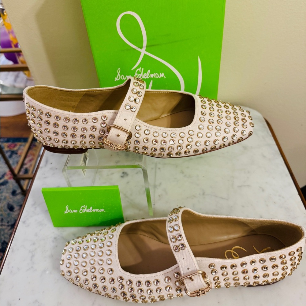 Sam Edelman Michaela Gem Mary Jane Flat Ivory Twill Ballet Flats